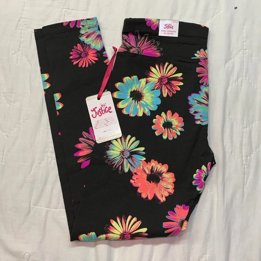 Justice Girls XL Neon Black Multi-Color Daisy Floral Full Length Leggings‎ NWT